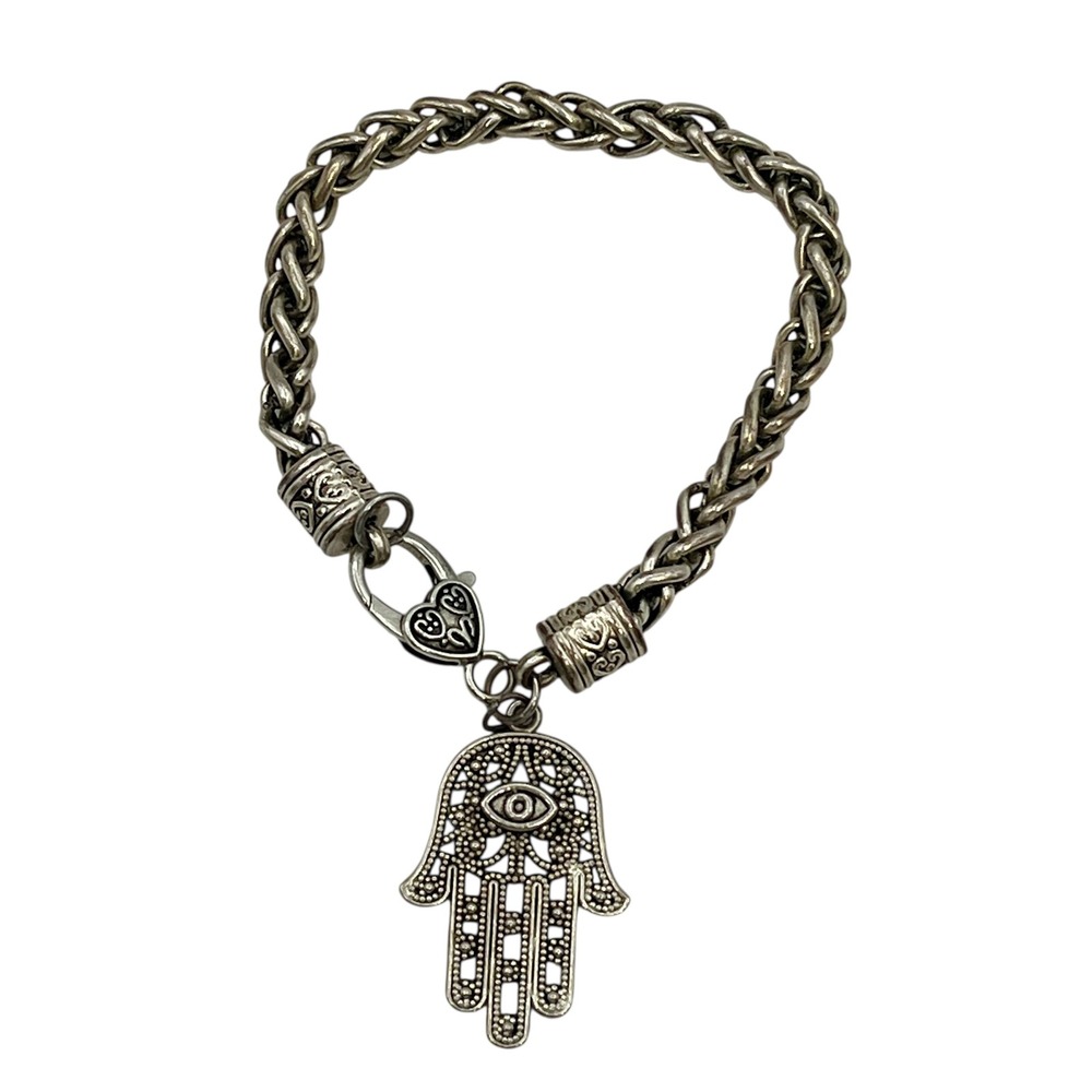 Hamsa Hand Charm‎ Evil Eye Bracelet Silver Tone Braided Chain Heart Clasp Womens